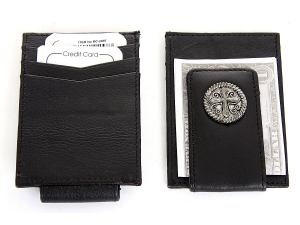 Leather Slim Design Cross Concho Magnetic Money Clip 3 Credit Card Holder