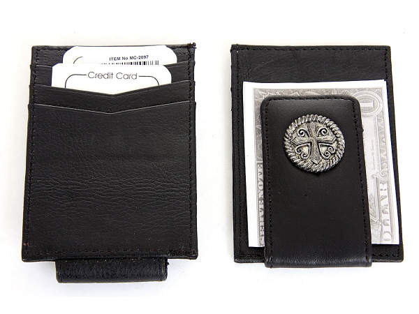 Leather Slim Design Cross Concho Magnetic Money Clip 3 Credit Card Holder
