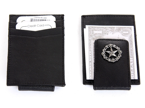 Leather Slim Design Lone Star Magnetic Money Clip 3 Credit Card Holder
