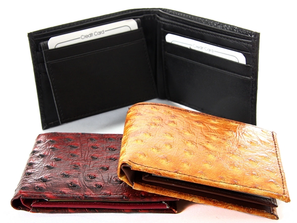 Leather Bifold 7 Credit Card 1 Id Window Ostrich Embossed